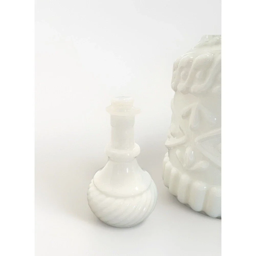 Vintage Jim Beam Milk Glass Decanter w Stopper | Scroll Grape Pattern
